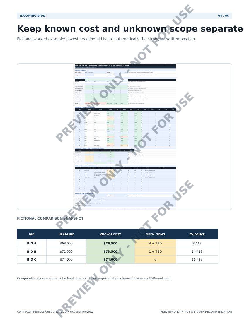 Watermarked fictional three-bid comparison showing headline price, comparable known cost, open items, and evidence score